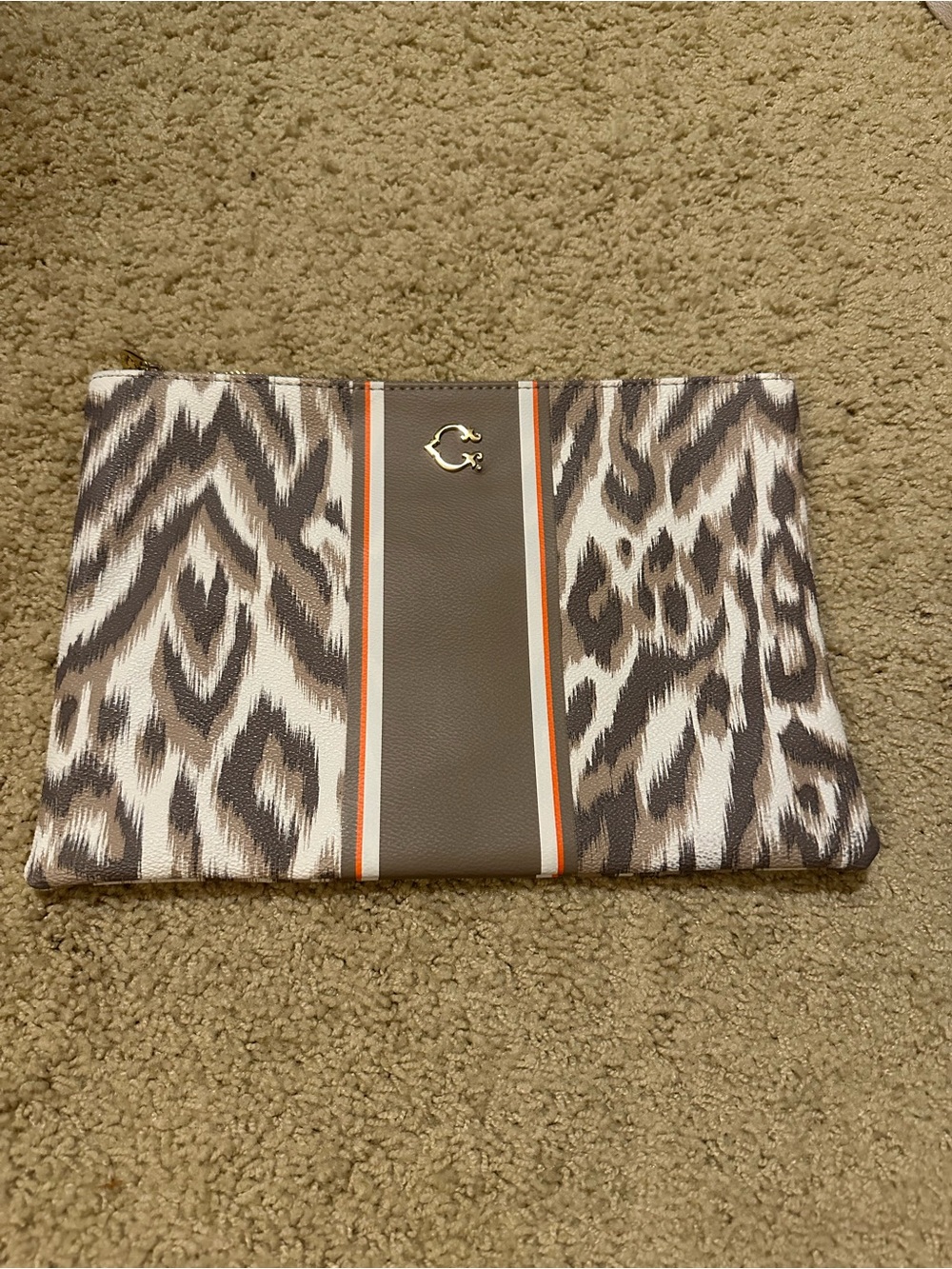 C. Wonder Taupe and Orange Trim Leopard Pouch
